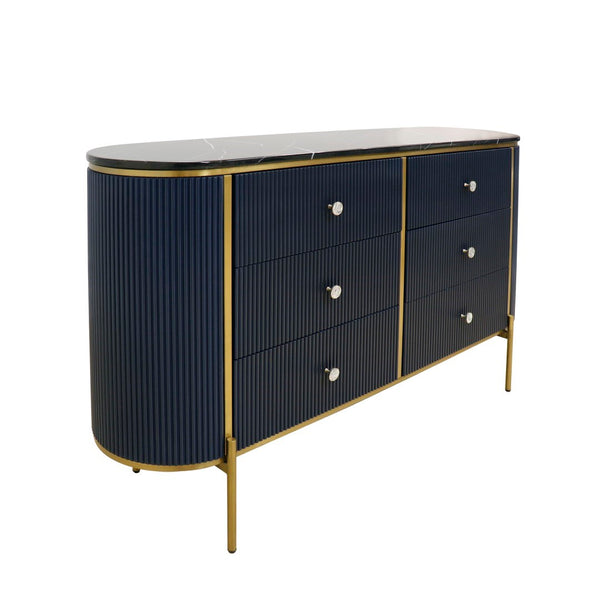 Pasargad Home Elegant White Marble Top Theodore Sideboard – Glamorous Modern Storage Solution Navy Wood Finish Pph-h1b