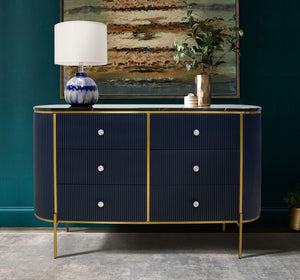 Pasargad Home Elegant White Marble Top Theodore Sideboard – Glamorous Modern Storage Solution Navy Wood Finish Pph-h1b