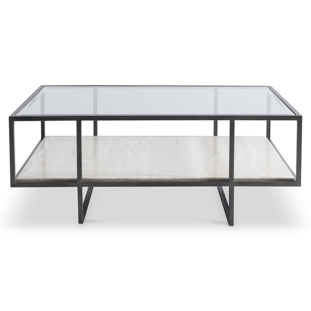 Bernhardt Bernhardt Harlow Cocktail Table — 44" Modern Industrial Coffee Table With Travertine Shelf, Glass Top, Bronze Frame 514022