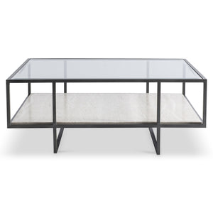 Bernhardt Bernhardt Harlow Cocktail Table — 44" Modern Industrial Coffee Table With Travertine Shelf, Glass Top, Bronze Frame 514022