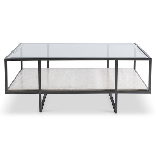 Bernhardt Bernhardt Harlow Cocktail Table — 44" Modern Industrial Coffee Table With Travertine Shelf, Glass Top, Bronze Frame 514022