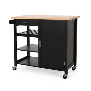 English Elm Christopher Knight Home® - Kitchen Island Cart with Solid Rubberwood Top, 41.75" Mobile Island with Drawer, Cabinet, Shelves & Wheels Black 67756.00NATBLK
