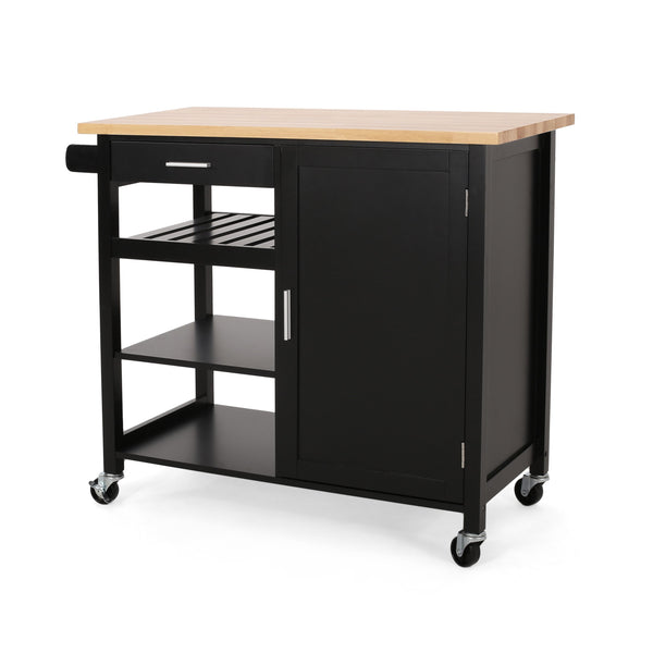 English Elm Christopher Knight Home® - Kitchen Island Cart with Solid Rubberwood Top, 41.75" Mobile Island with Drawer, Cabinet, Shelves & Wheels Black 67756.00NATBLK