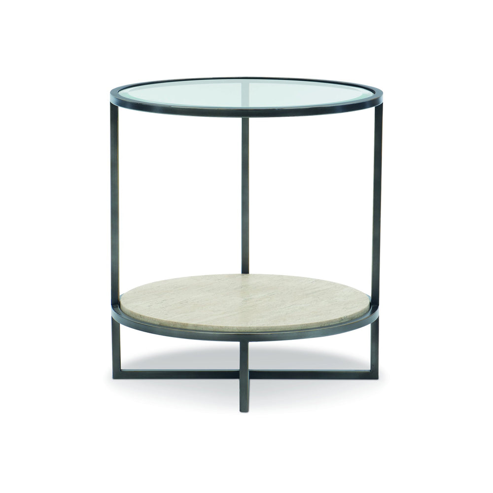 Bernhardt Bernhardt Harlow Metal Round Chairside Table With Tempered Glass Top & White Travertine Shelf, Oil-Rubbed Bronze Finish 514122