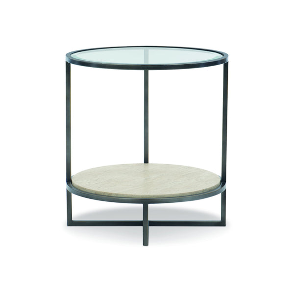 Bernhardt Bernhardt Harlow Metal Round Chairside Table With Tempered Glass Top & White Travertine Shelf, Oil-Rubbed Bronze Finish 514122