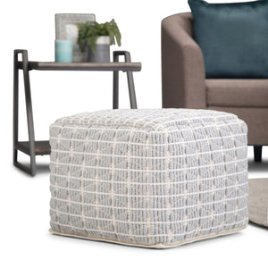 English Elm Noreen Square Pouf Ottoman — Handcrafted Cotton Woven Pattern, Supportive Dense Bead Filling, 18" White B136P159329
