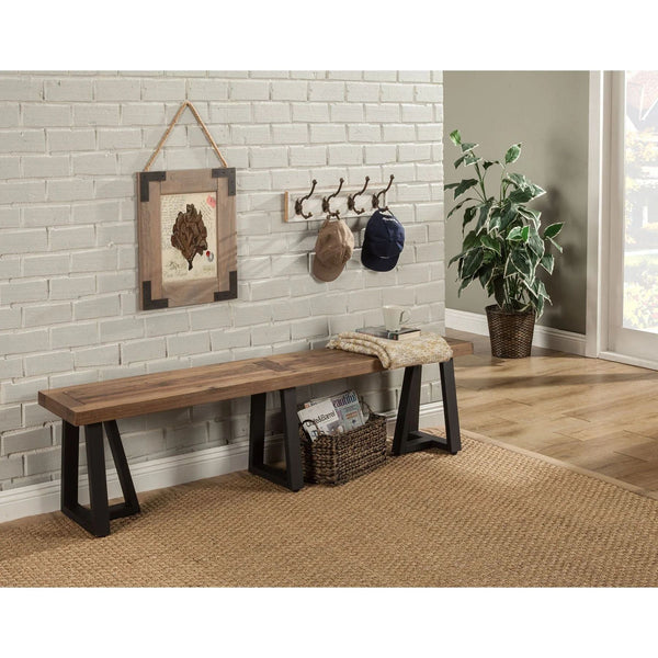 Alpine Furniture Prairie Reclaimed Pine Dining Bench with Distressed Finish and X-brace Black Base 1568-03