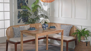 Baxton Studio Bali Okinawa 3-piece Dining Nook Set - L-shaped Rattan Corner Benches & Solid Wood Table For Boho Style Light Honey,Light Brown,White,Natural Brown Acacia Wood+Metal+Rubberwood (Frame),Fabric "100% Polyester",Foam,Natural Rattan (Backrest),Plywood(Backside),Mdf With Veneer (Table Top) Okinawa-light Honey/Light Brown-3pc Dining Set