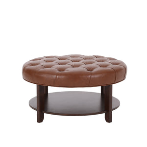 English Elm Round Tufted Pu Leather Ottoman with Open Shelf Storage for Living Room Light Brown 71589.00COGN