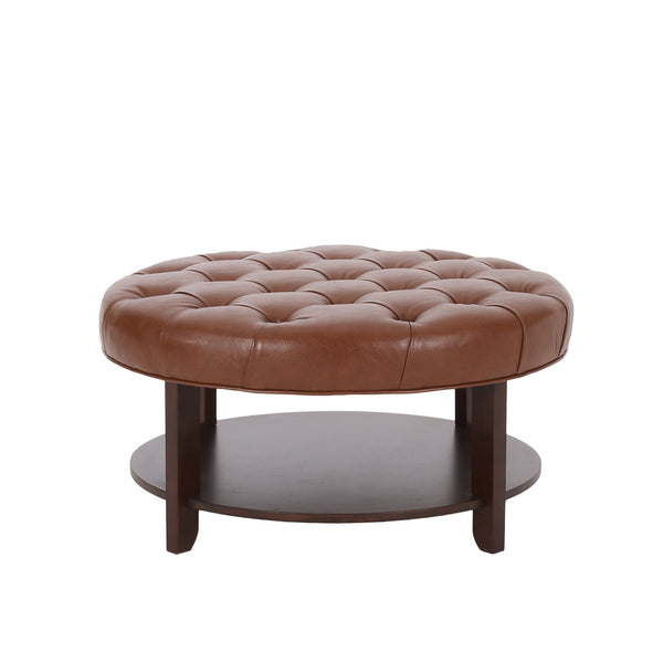 English Elm Round Tufted Pu Leather Ottoman with Open Shelf Storage for Living Room Light Brown 71589.00COGN