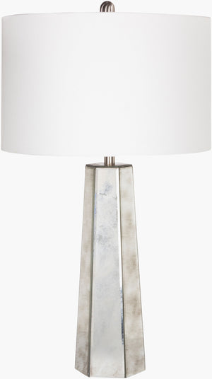 Surya Perry Stylish 29" Glass Body Accent Table Lamp With White Linen Shade - Perfect For Modern Spaces Body, Metallic ,Silver,Finial, Metallic ,Silver,Harp, Metallic ,Nickel Mirror,Linen Prlp-001