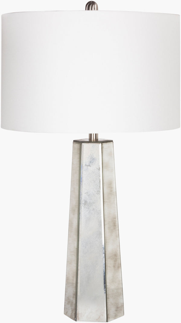 Surya Perry Stylish 29" Glass Body Accent Table Lamp With White Linen Shade - Perfect For Modern Spaces Body, Metallic ,Silver,Finial, Metallic ,Silver,Harp, Metallic ,Nickel Mirror,Linen Prlp-001