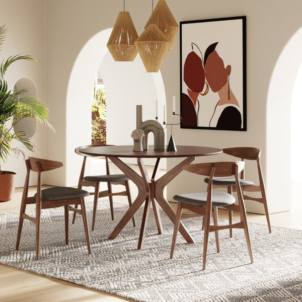 VIG Furniture Prospect 47" Round Walnut Dining Table With Sunburst Veneer Top & Crossed Wood Base Seats 4 VGMAMIT-5276-3