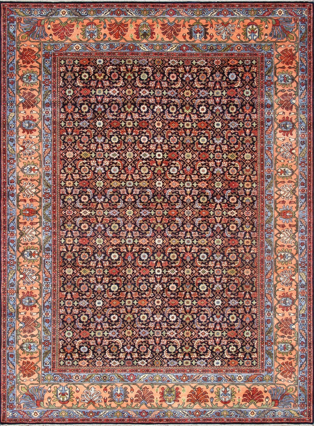 Pasargad Home Herati Hand-knotted Floral Wool Area Rug - Luxurious Navy & Peach 8'10"X12'0" Design   Ps-37-2 9x12