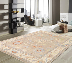 Pasargad Home Oushak Collection Hand-knotted Beige Wool Area Rug For Timeless Elegance In Décor   Psf-06 12x15