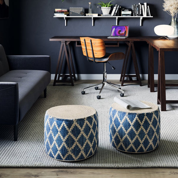 English Elm Edgeley Handwoven Round Pouf Ottoman with Jute & Cotton Diamond Pattern – Supportive Structured Seat Blue B136P159341