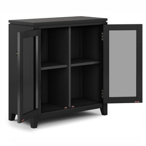 English Elm Cosmopolitan Black Low Storage Cabinet with Tempered Glass Doors, Adjustable Shelves & Bronze Knobs B136P158550