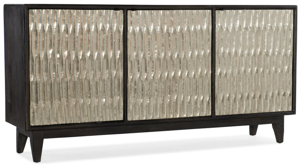 Hooker Furniture Shimmer Charcoal Mango Wood Credenza With German Silver Foil Doors, Ventilated Media Storage, 69" 5716-85001-SLV
