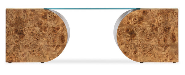 Hooker Furniture Melange Mappa Burl Coffee Table With Tempered Glass Top, Gold Trim, Dual Half‑Oval Bases — Luxe Centerpiece 628-80504-80