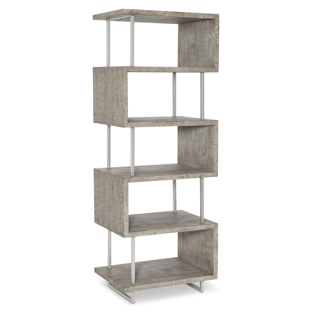 Bernhardt Bernhardt Polk Etagere: Bauhaus-Inspired 5-Shelf Distressed Pine & Silver Metal Display For Modern Spaces D12810