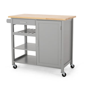 English Elm Christopher Knight Home® - Kitchen Island Cart with Solid Rubberwood Top, 41.75" Mobile Island with Drawer, Cabinet, Shelves & Wheels Grey 67756.00NATGRY