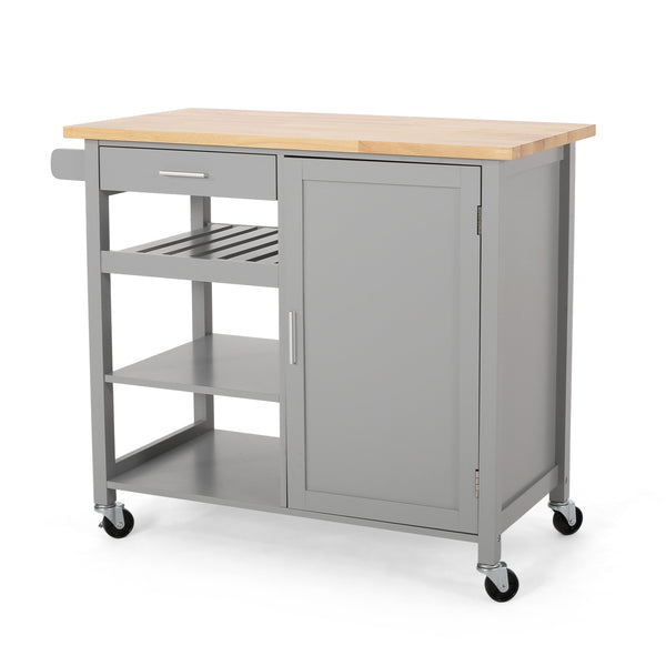 English Elm Christopher Knight Home® - Kitchen Island Cart with Solid Rubberwood Top, 41.75" Mobile Island with Drawer, Cabinet, Shelves & Wheels Grey 67756.00NATGRY