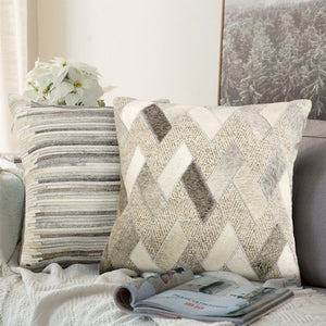 Pasargad Home Galaxy Multi-Color Cowhide Pillow, Soft Ivory/Grey with Zipper for Easy Cleaning