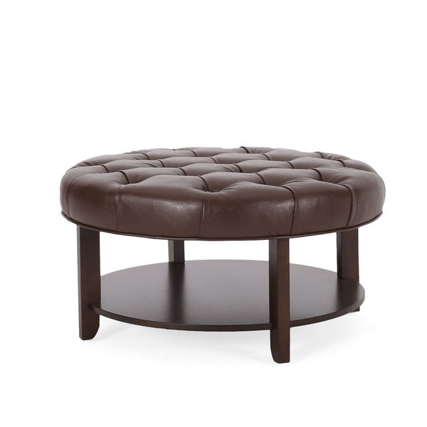 English Elm Round Tufted Pu Leather Ottoman with Open Shelf Storage for Living Room Dark Brown 71589.00DBRN