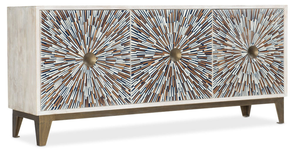 Hooker Furniture Melange Starburst Bone Inlay Entertainment Console — Mango Wood, Gold Accents, Ventilated Storage For 70" Tvs 628-55001-02