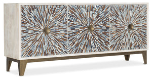 Hooker Furniture Melange Starburst Bone Inlay Entertainment Console — Mango Wood, Gold Accents, Ventilated Storage For 70" Tvs 628-55001-02