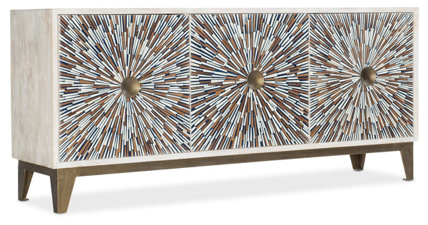 Hooker Furniture Melange Starburst Bone Inlay Entertainment Console — Mango Wood, Gold Accents, Ventilated Storage For 70" Tvs 628-55001-02