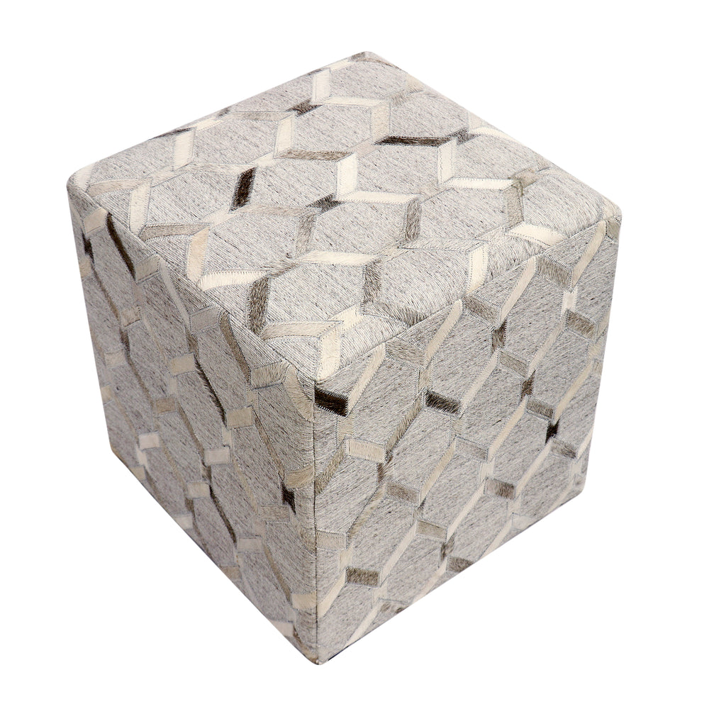 Pasargad Home Galaxy Geometric Cowhide Ottoman - Stylish Silver Pouf for Chic Seating & Decor