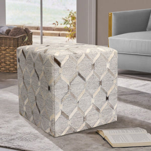 Pasargad Home Galaxy Geometric Cowhide Ottoman - Stylish Silver Pouf for Chic Seating & Decor