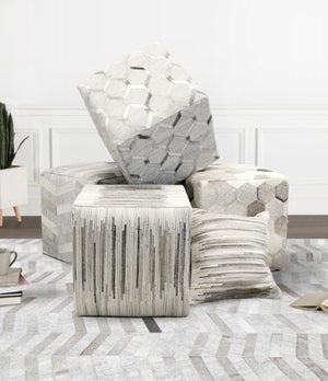 Pasargad Home Galaxy Geometric Cowhide Ottoman - Stylish Silver Pouf for Chic Seating & Decor