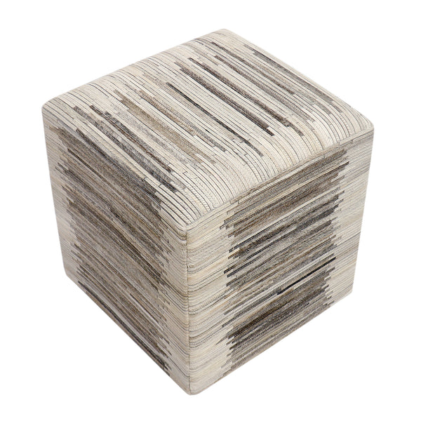 Pasargad Home Silver Cowhide Ottoman Pouf - Stylish Zig-Zag Design for Glamorous Comfort & Durability