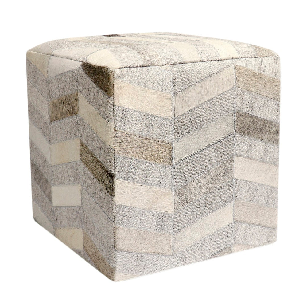 Pasargad Home Galaxy Cowhide Ottoman Pouf - Elegant Silver Zig-Zag Design for Chic Comfort