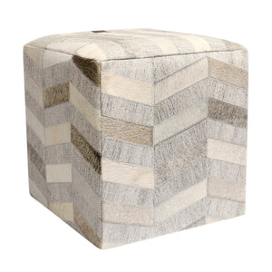 Pasargad Home Galaxy Cowhide Ottoman Pouf - Elegant Silver Zig-Zag Design for Chic Comfort