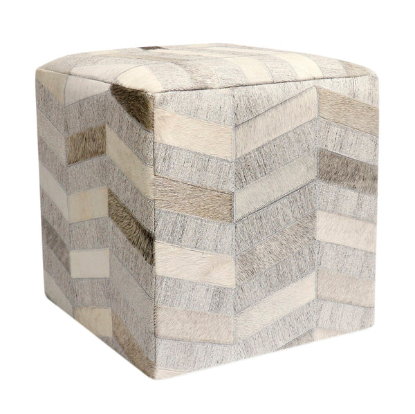 Pasargad Home Galaxy Cowhide Ottoman Pouf - Elegant Silver Zig-Zag Design for Chic Comfort