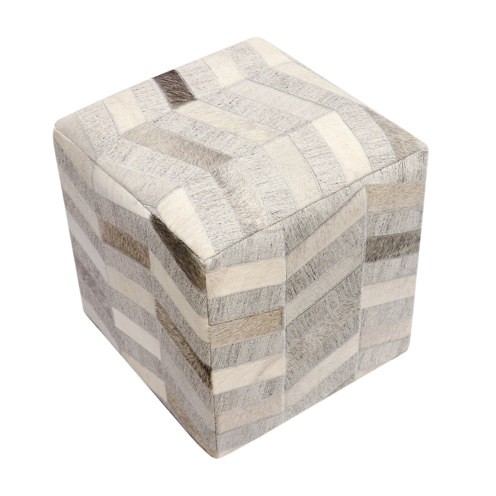 Pasargad Home Galaxy Cowhide Ottoman Pouf - Elegant Silver Zig-Zag Design for Chic Comfort