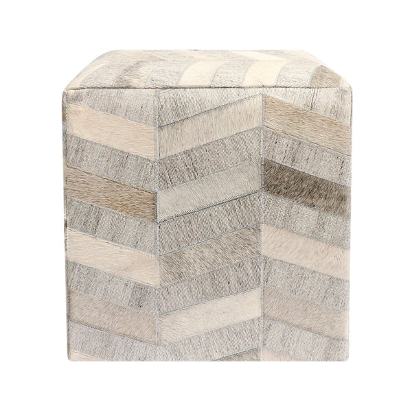 Pasargad Home Galaxy Cowhide Ottoman Pouf - Elegant Silver Zig-Zag Design for Chic Comfort