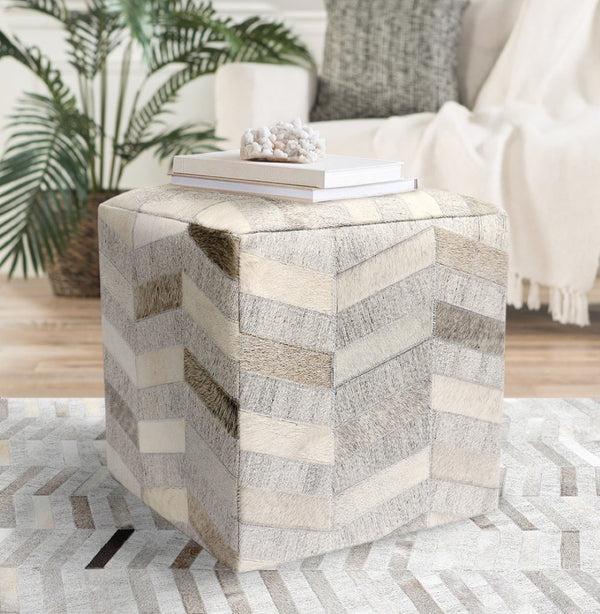 Pasargad Home Galaxy Cowhide Ottoman Pouf - Elegant Silver Zig-Zag Design for Chic Comfort