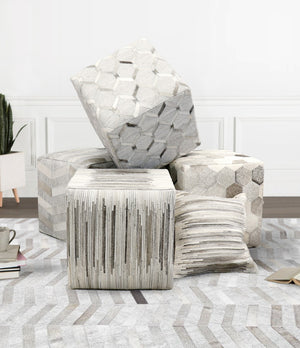 Pasargad Home Galaxy Cowhide Ottoman Pouf - Elegant Silver Zig-Zag Design for Chic Comfort