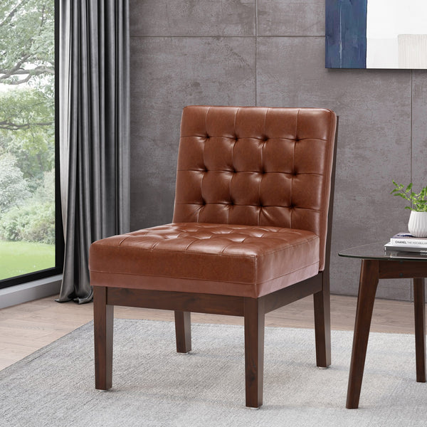 English Elm Christopher Knight Home® - Accent Chair Cognac Upholstered Tufted Waffle Stitch PU with Dark Espresso Rubberwood Legs, Cozy Midcentury SELLER 70753.00COGN