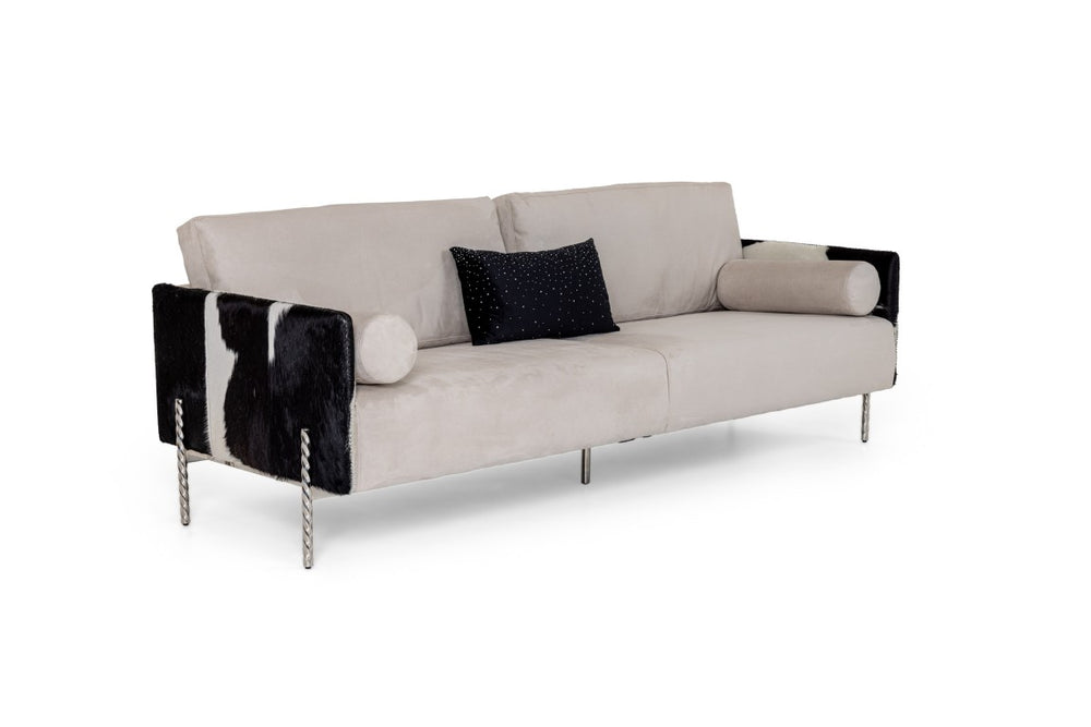 VIG Furniture Pueblo Modern Cow-Hide Sofa With Stainless Spiral Legs, Removable Cushions & 4 Throw Pillows (89) VGODZW-20028-S