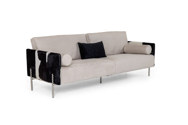 VIG Furniture Pueblo Modern Cow-Hide Sofa With Stainless Spiral Legs, Removable Cushions & 4 Throw Pillows (89) VGODZW-20028-S