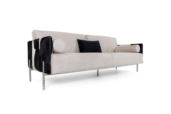 VIG Furniture Pueblo Modern Cow-Hide Sofa With Stainless Spiral Legs, Removable Cushions & 4 Throw Pillows (89) VGODZW-20028-S