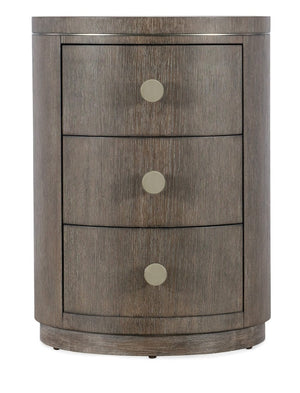 Hooker Furniture Modern Mood Round Nightstand With Diamond Oak Veneer, Pewter Accents & Leather Knobs, 3 Drawers Elegance Medium Brown 6850-90315-89