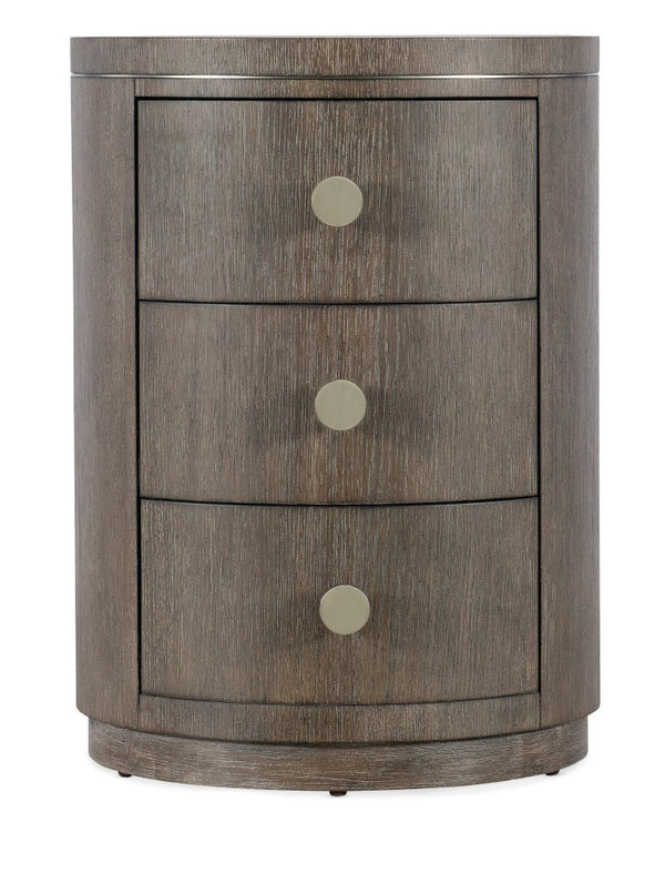 Hooker Furniture Modern Mood Round Nightstand With Diamond Oak Veneer, Pewter Accents & Leather Knobs, 3 Drawers Elegance Medium Brown 6850-90315-89