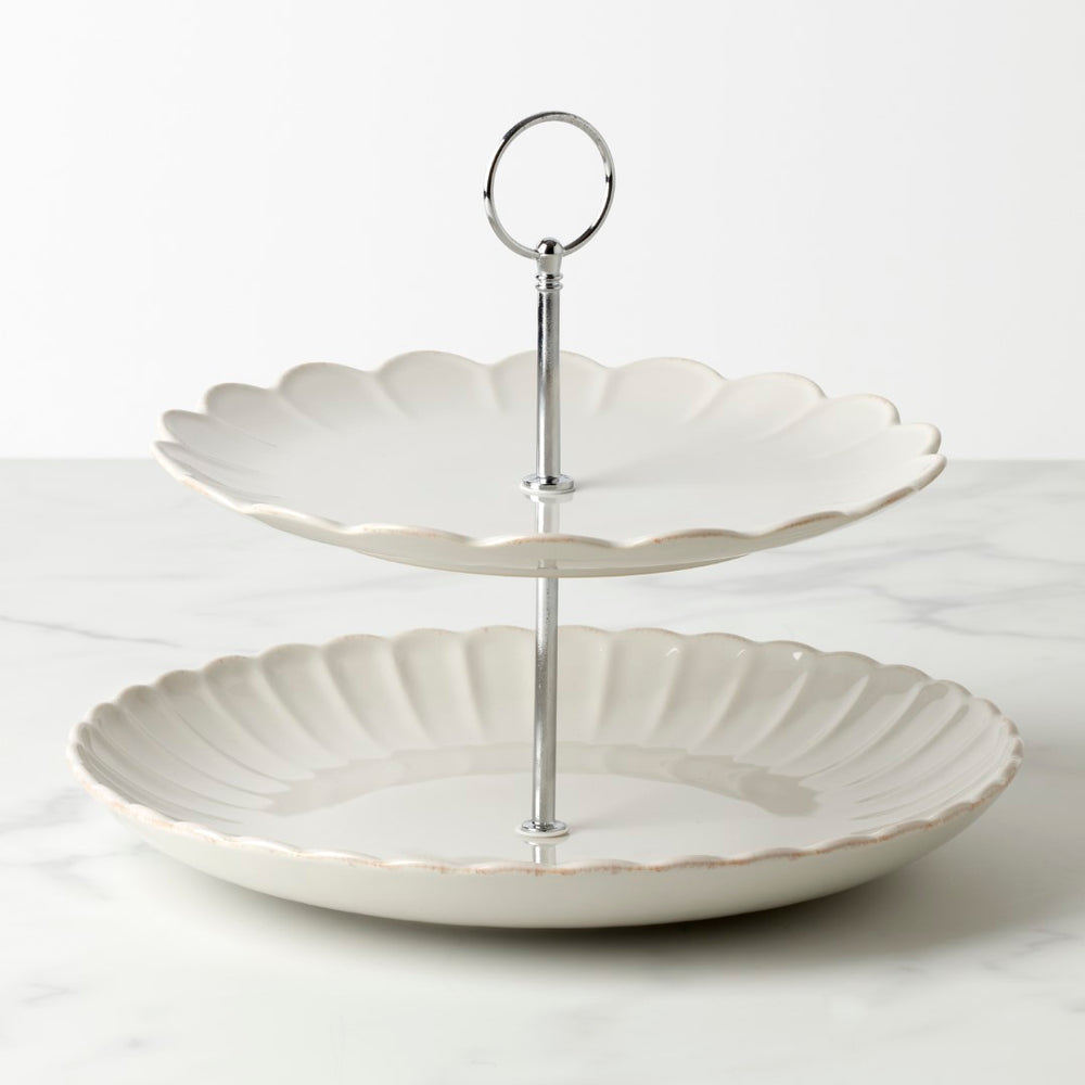 Lenox French Perle Scallop White 2-Tier Server White, WHITE STONEWARE 897195