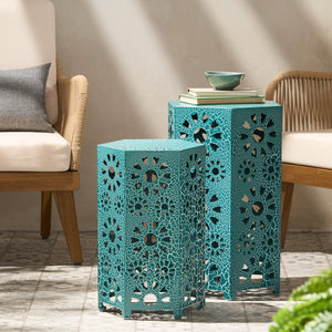 English Elm Eliana Outdoor Iron Nesting Side Tables with Sunburst Cutout and Crackle Finish Patio Accent Set Teal 69740.00CT